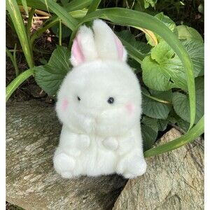 Aurora Chubby Mini Bunny 6 inch White Pink Ears and Cheeks Sitting up Gift EUC